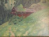 un tableau représentant une grange rouge sur une colline