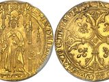 a gold coin with an image of a woman and a man on it