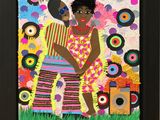 a painting of a woman in a colorful dress holding a musical instrument