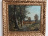 an oil painting of a wooded scene with trees and a path