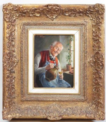 a painting of an old man holding a baby in his lap