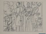 dessin représentant un groupe de personnes debout dans une cuisine équipée d'une cuisinière