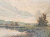 une peinture à l'huile représentant un paysage avec une rivière au premier plan et des arbres à l'arrière-plan