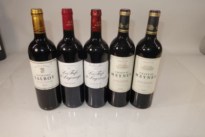 six bottles of red wine are lined up on a counter