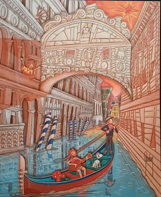 un tableau représentant une gondole au milieu d'un canal