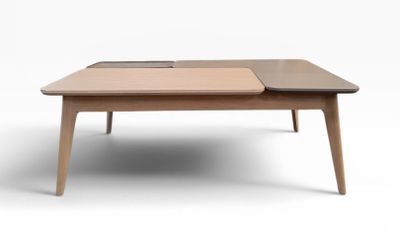 a wooden table with a brown top and a black top