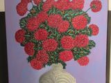 a painting of a vase with red flowers in it