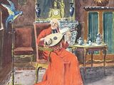 a painting of a man playing a guitar in a room