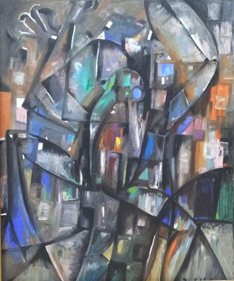 painting of a painting of a man holding a knife and fork in his hand