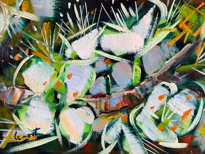 painting of a painting of a bunch of white flowers on a table