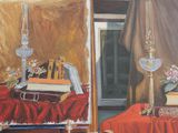 two paintings of a room with a red table cloth