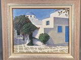 une peinture à l'huile représentant un bâtiment blanc avec une porte bleue et un arbre