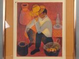 tableau représentant un homme assis sur une chaise, avec un panier de fruits devant lui