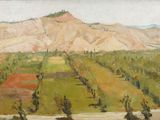 un tableau représentant une vue d'une vallée avec une montagne en arrière-plan