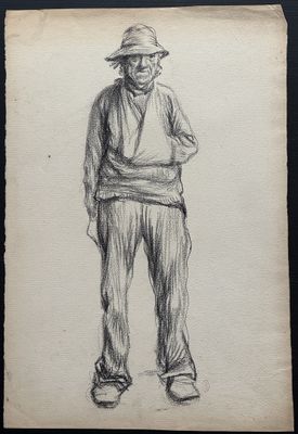 un vieux dessin représentant un homme coiffé d'un chapeau, debout, les mains sur les hanches