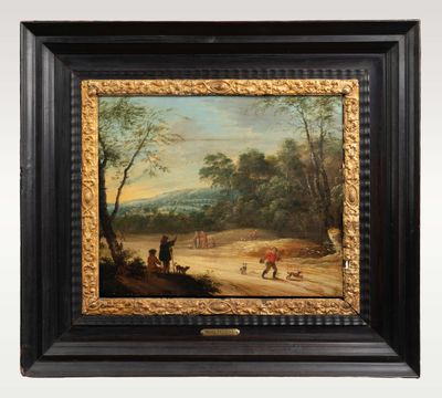 un tableau représentant un paysage avec un homme et un chien sur un chemin de terre
