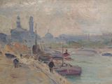 a painting of people walking on a sidewalk by the water