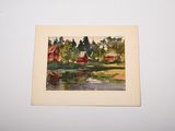 a picture of a painting of a red barn by the water