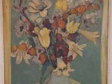 a painting of flowers in a vase on a table