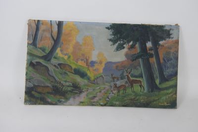 an image of a painting of a deer in a wooded area