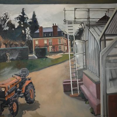une peinture représentant un tracteur garé devant une serre