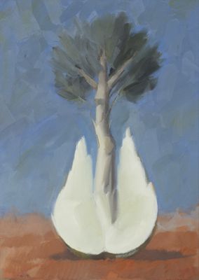 a painting of a white vase with a tree in it