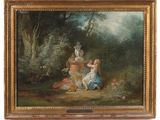 an oil painting of two women in a garden with a bird on the ground