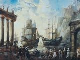 un tableau représentant un groupe de personnes debout devant un bateau
