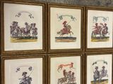 four framed pictures of knights on horseback with flags on them