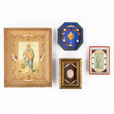 three framed pictures of jesus and other religious items on a white surface