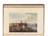 painting of a view of a harbor with boats and people on the water
