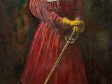 an old painting of a woman in a red dress holding a sword