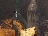 painting of a loaf of bread on a plate next to a bottle of wine