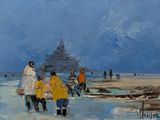 un tableau représentant un groupe de personnes marchant sur une plage