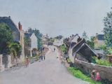 painting of a street with houses and people walking down it
