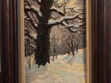 a painting of a snowy landscape with a tree in the foreground