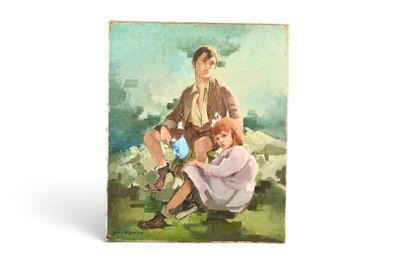 tableau représentant un homme et une femme assis sur un rocher