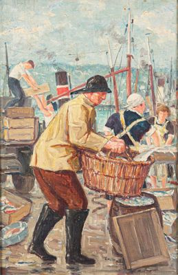 an image of a painting of a man carrying a basket of fish