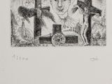 a black and white drawing of a man and a cat