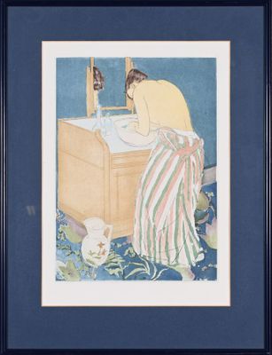tableau représentant une femme en train de se laver les mains dans le lavabo d'une salle de bains