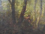 a painting of a man in the woods with a bow