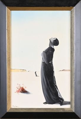 an image of a painting of a woman in a black dress and hat