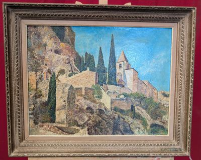 a picture of a painting hanging on a red wall