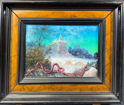 peinture à l'huile encadrée représentant un paysage avec un serpent rouge au premier plan et un château à l'arrière-plan