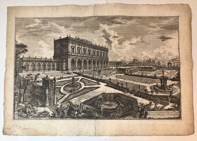 un vieux dessin représentant un grand bâtiment avec une fontaine au milieu