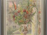 tableau représentant un vase de fleurs posé sur un rebord de fenêtre, avec une cage à oiseaux en arrière-plan