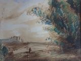 une peinture représentant un homme à cheval dans un champ