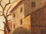 painting of a group of people standing outside of a building
