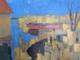 a painting of a cow standing in front of a building