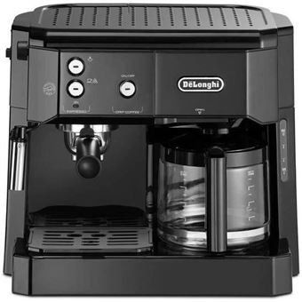 delong coffee machine with black finish and stainless steel accents
